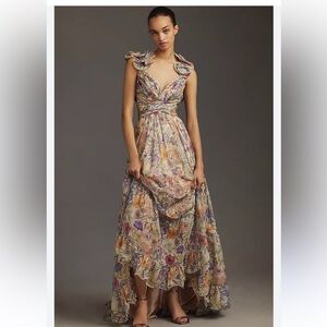 Mac Duggal Flutter-Sleeve V-Neck Maxi Dress